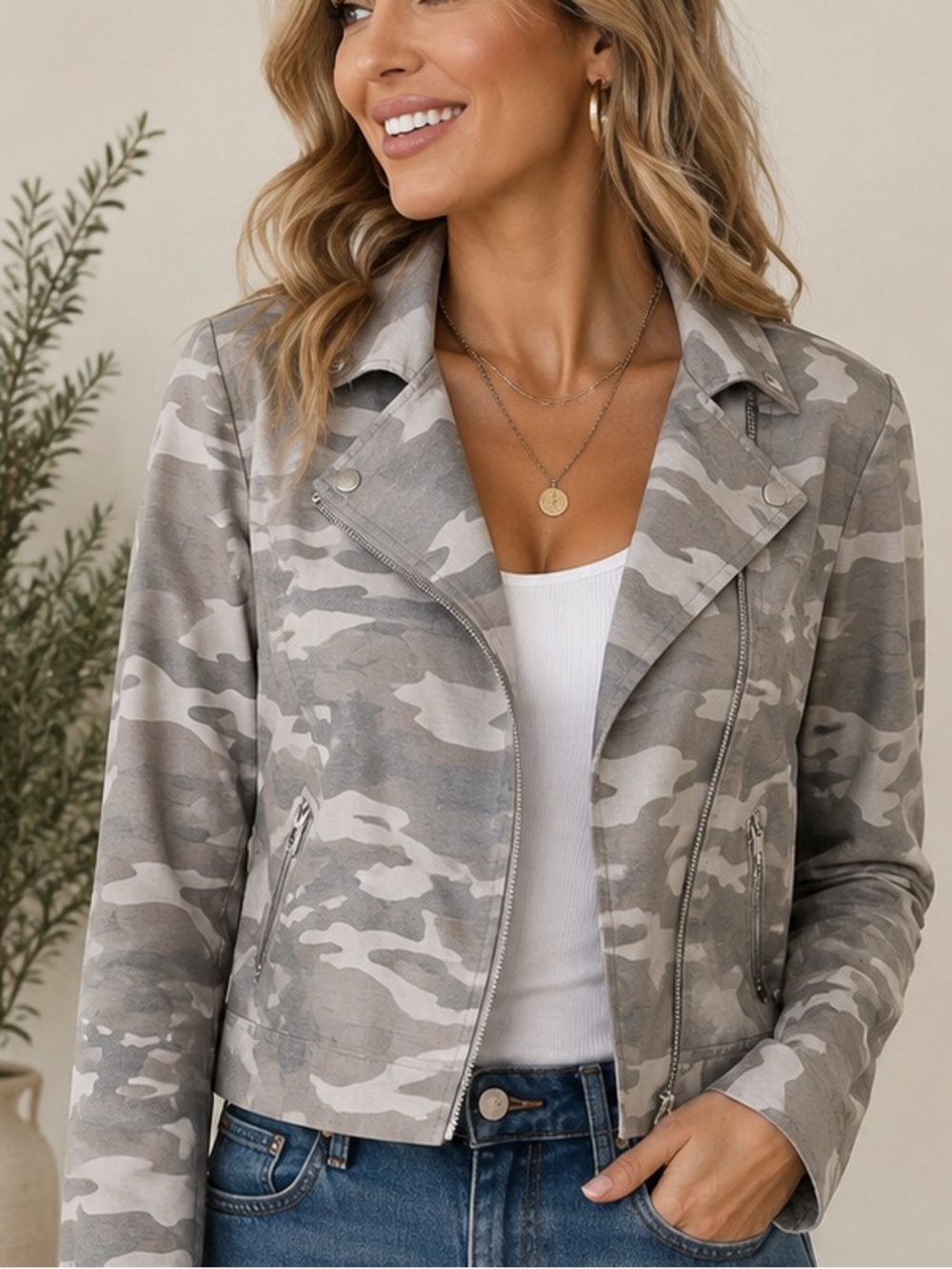 ADY P Camo Cropped Moto Jacket Gray Taupe Military Utility